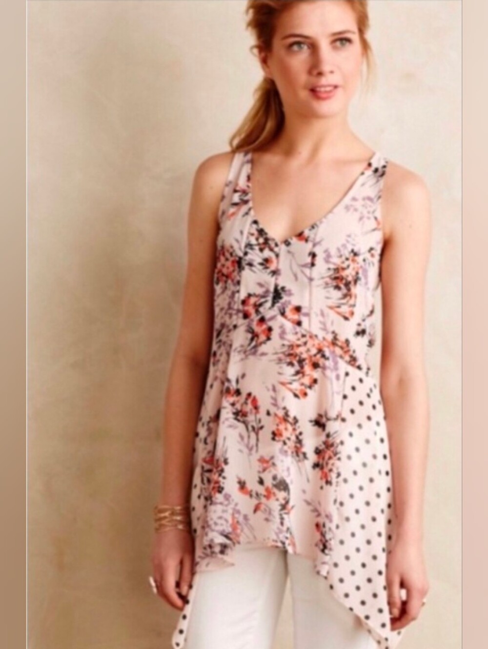 Anthropologie Vanessa Virginia Pink Floral & Polka Dot V-Neck Tank Top Size M
